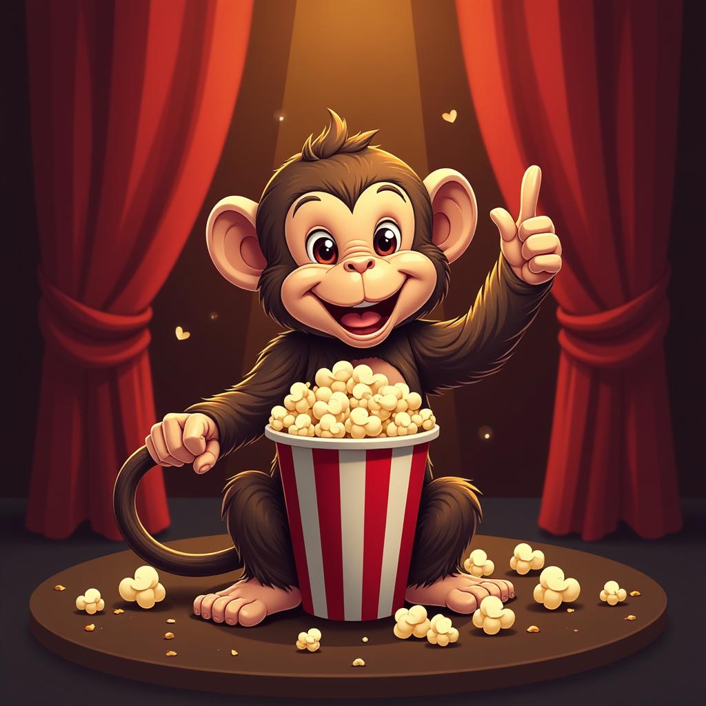  ui logo design, film reel surrounded by popcorn with movie theater backdrop, playful monkey with brown and popcorn yellow light, inspired by movies and entertainment, film reel shape, vector, ultra, hd, art by akihiko yoshida, cinematic cymk background