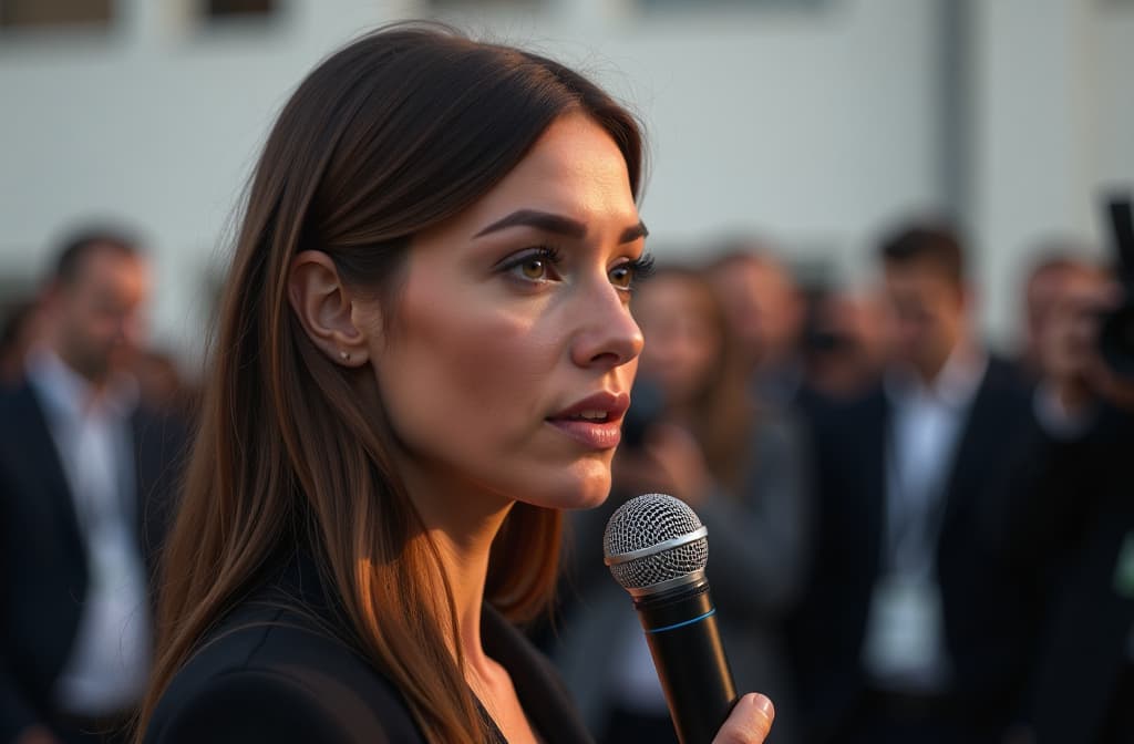  woman with microphone at press conference, brand logos and photographers in the background ar 3:2, (natural skin texture), highly detailed face, depth of field, hyperrealism, soft light, muted colors