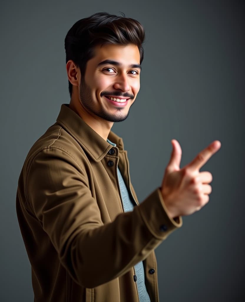  hdr photo of a pretty smiling man, waist high, points with her hand to the side to a place to copy from the side, at waist level, on a gray background . high dynamic range, vivid, rich details, clear shadows and highlights, realistic, intense, enhanced contrast, highly detailed