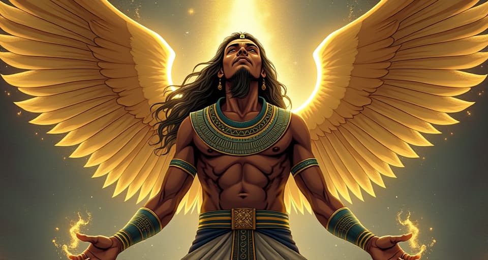  person almost merging with ethereal energies, physical world contrasting with spiritual energies, deep connection depicted. the style is digital art illustration / modern comic book / mysterious occult, symbolic, esoteric vibe,high detail on character design, incorporating ancient egyptian symbology and attire.