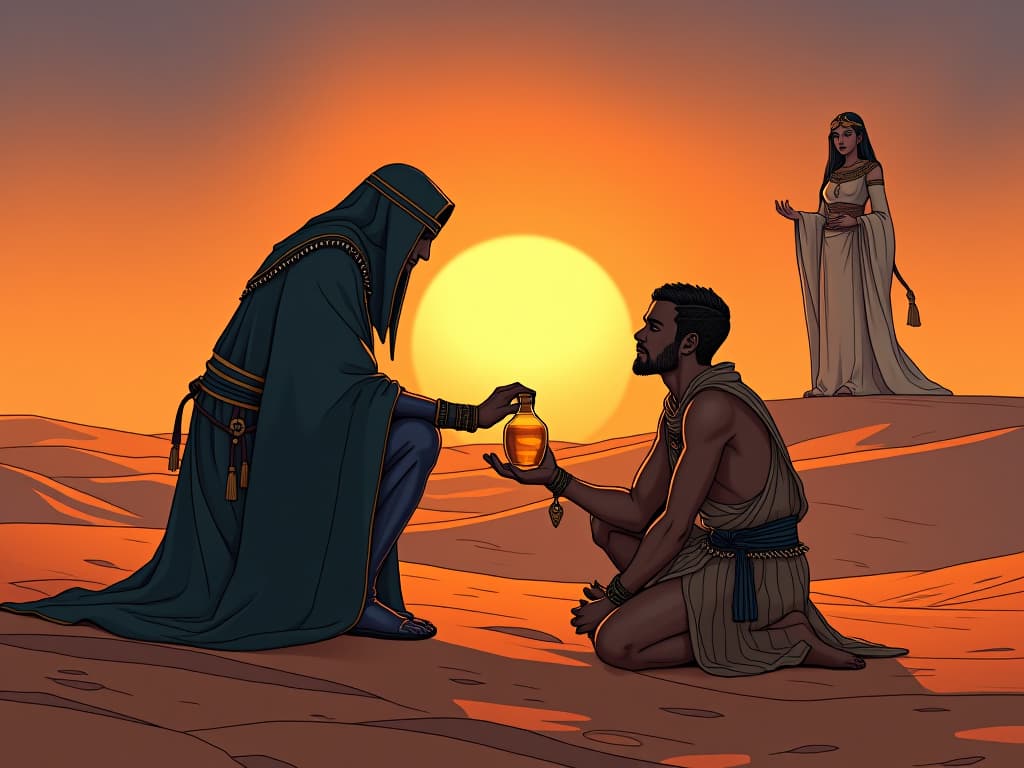  a figure kneeling in the desert at sunrise, giving a flask of water to a parched traveler, a beautiful priestess with an expression of concern in the background, mood of sacrifice and care. the style is digital art illustration / modern comic book / mysterious occult, symbolic, esoteric vibe,high detail on character design, incorporating ancient egyptian symbology and attire.