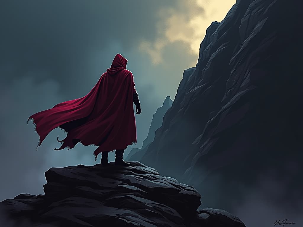  man in red cloak, climbing a steep mountain, journey of regaining respect, arduous atmosphere. the style is digital art illustration / modern comic book / graphic dark novel fantasy and mysterious occult, symbolic, moody lighting, esoteric vibe,high detail on character design. for the color scheme emphasize blacks and reds.