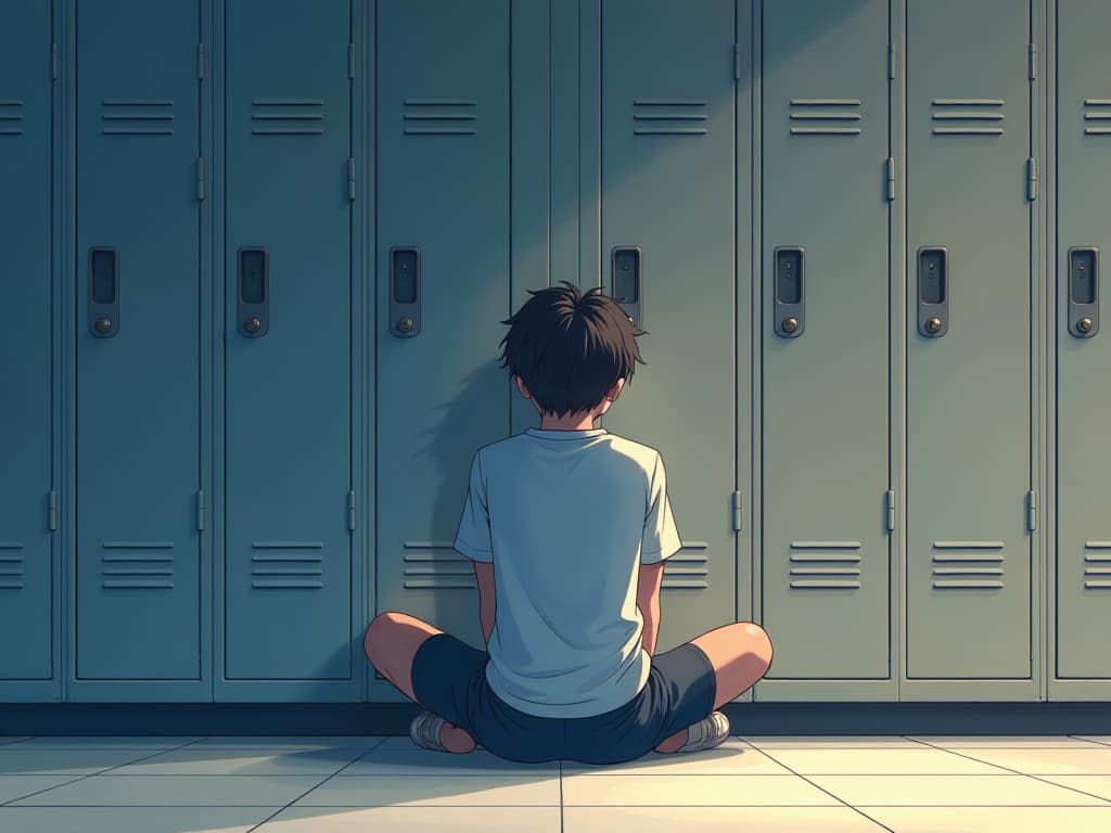  a young man sitting on the floor in front of a bunch of lockers, haruhi suzumiya, clinically depressed, beautiful comic art, bruh moment, rpg maker, yaoi, sad lighting, his arms are behind his back, uncompressed png, it is afternoon, textbook page, webtoons, 27, :6, blue text that says 3kliksphilp hyperrealistic, full body, detailed clothing, highly detailed, cinematic lighting, stunningly beautiful, intricate, sharp focus, f/1. 8, 85mm, (centered image composition), (professionally color graded), ((bright soft diffused light)), volumetric fog, trending on instagram, trending on tumblr, HDR 4K, 8K