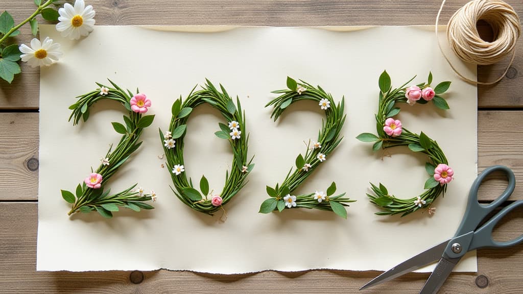  letters "2025" laid out with thin delicate green twigs with leaves and delicate flowers in pastel colors on rustic wooden background with layers of baking paper, organic paper, , florist concept. next to the numbers lies a skein of beige canvas threads, florist scissors {prompt}, maximum details