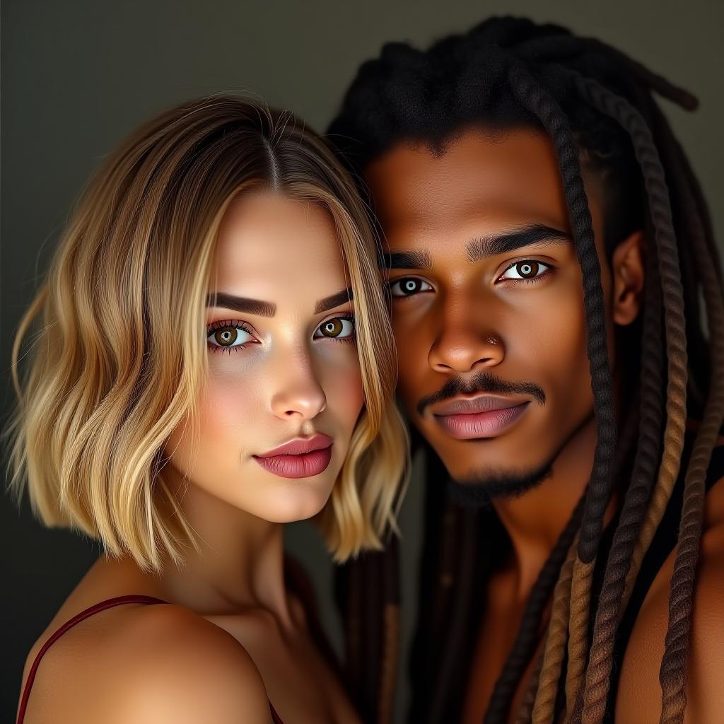  make an image of a bob haired honey blonde hair woman with brown eyes and tan olive skin with a tan man with super long dreads