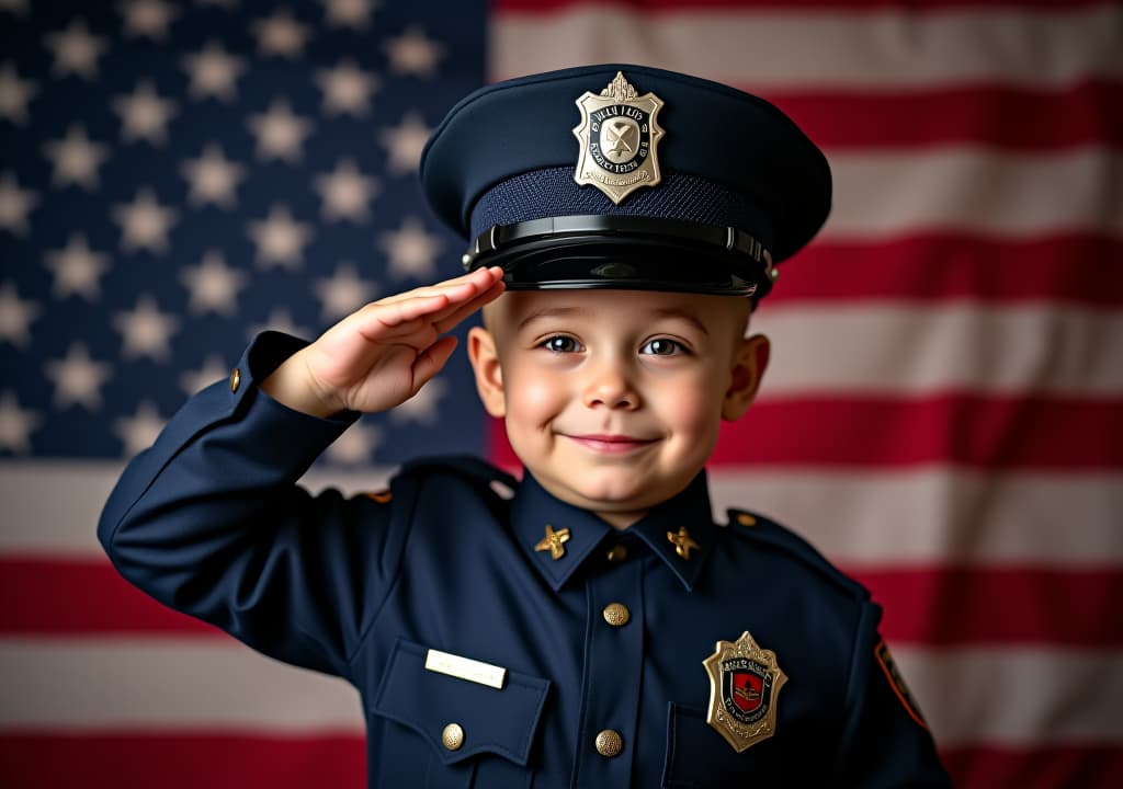  proud american child saluting in police officer uniform with patriotic background