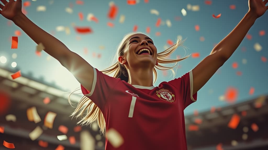  portrait of a happy female football sport player celebrating winning with confetti falling