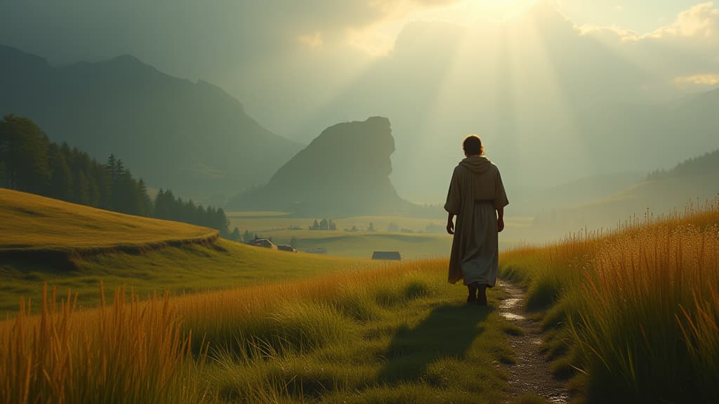  history of biblical times, a peaceful pastoral scene symbolizing hope and the enduring human spirit after the catastrophe. hyperrealistic, full body, detailed clothing, highly detailed, cinematic lighting, stunningly beautiful, intricate, sharp focus, f/1. 8, 85mm, (centered image composition), (professionally color graded), ((bright soft diffused light)), volumetric fog, trending on instagram, trending on tumblr, HDR 4K, 8K