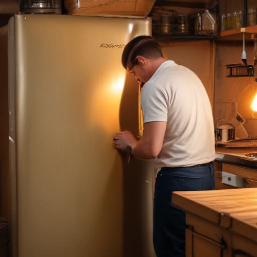 A photo of a skilled appliance technician repairing a vintage refrigerator in a rustic kitchen during the soft glow of early evening with warm, golden lighting.