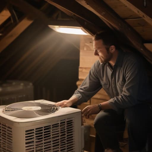 A photo of an HVAC technician inspecting an air conditioner unit in a modern, dimly lit attic during the late afternoon.