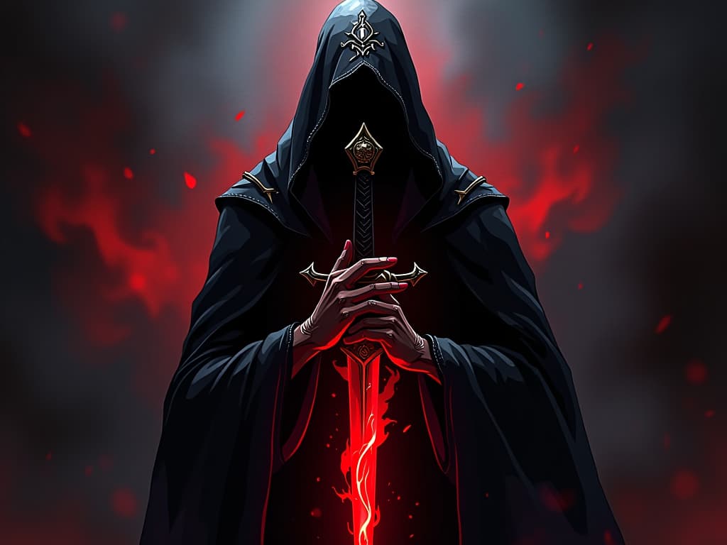  ritualistic dagger with a shimmering blade, cloaked in shadowy energy, symbol of hidden powers. the style is digital art illustration / modern comic book / graphic dark novel fantasy and mysterious occult, symbolic, moody lighting, esoteric vibe,high detail on character design. for the color scheme emphasize blacks and reds.