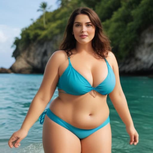 Generate a fat woman with big breast in bikini swiming in beautiful Islands