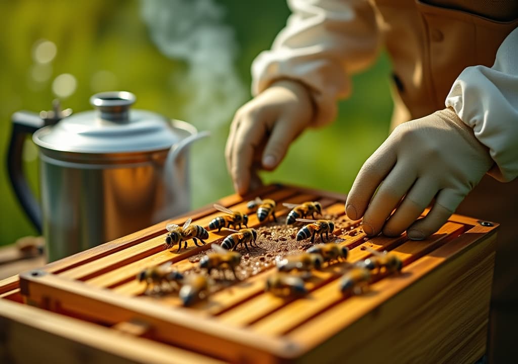  a close up of essential beekeeping tools: a wooden hive with vibrant bees, a shiny smoker, a metal hive tool, a beekeeper's suit, and a honeycomb frame, all set in a lush, green garden. hyperrealistic, full body, detailed clothing, highly detailed, cinematic lighting, stunningly beautiful, intricate, sharp focus, f/1. 8, 85mm, (centered image composition), (professionally color graded), ((bright soft diffused light)), volumetric fog, trending on instagram, trending on tumblr, HDR 4K, 8K