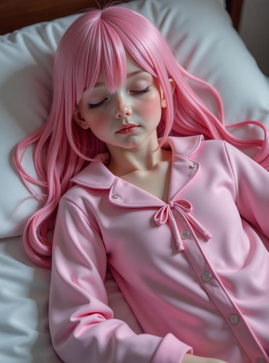  long pink hair, closed eyes, old, girl, pink pyjamas, laying on bed, sleeping, full body, ribbon , gigantic s, hypers, atb, high quality, high details, hd, perfect composition, 4k epic detailed, highly detailed, sharp focus, high resolution