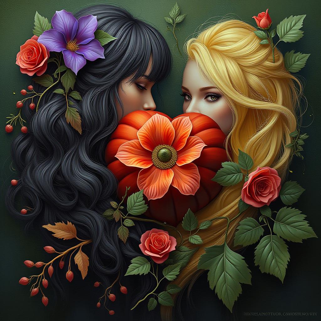  , woman, men, black, blond, hear, heart, red, pumpkin, purple, lemon, three, flower, orange, grape, green, award winning, professional, highly detailed, masterpiece