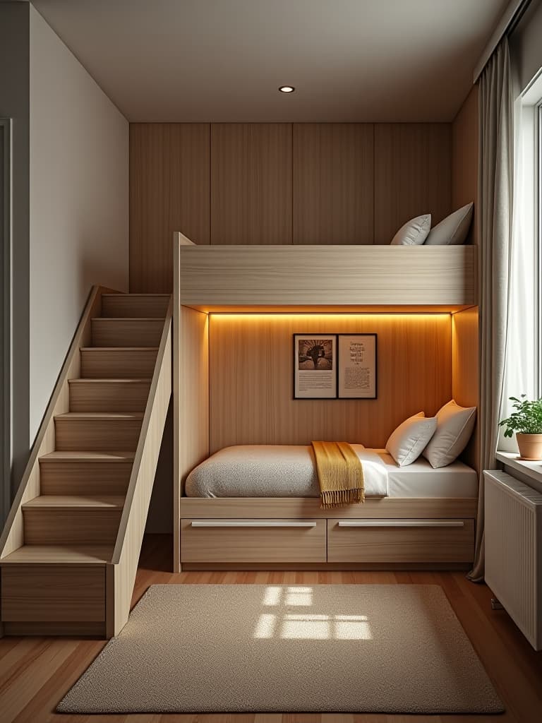  high quality portrait photo of a serene bedroom with a loft bed, built in storage stairs, and a cozy reading nook underneath, maximizing vertical space in a small apartment hyperrealistic, full body, detailed clothing, highly detailed, cinematic lighting, stunningly beautiful, intricate, sharp focus, f/1. 8, 85mm, (centered image composition), (professionally color graded), ((bright soft diffused light)), volumetric fog, trending on instagram, trending on tumblr, HDR 4K, 8K