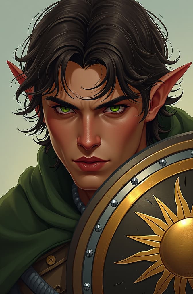  elf man with coppery skin, green eyes and dark brown hair. he is a cleric with chainmail armor with a shield with a golden sun and his weapon is a mace., realistic fantasy d & d character, closeup portrait art by donato giancola and greg rutkowski, realistic face, digital art, trending on artstation, marvel comic panel, dc animated comic panel, comic panel, manga and manhwa style panel, portrait, young person face, style for marvel comic, anime comic panel style hyperrealistic, full body, detailed clothing, highly detailed, cinematic lighting, stunningly beautiful, intricate, sharp focus, f/1. 8, 85mm, (centered image composition), (professionally color graded), ((bright soft diffused light)), volumetric fog, trending on instagram, trending on tumblr, HDR 4K, 8K