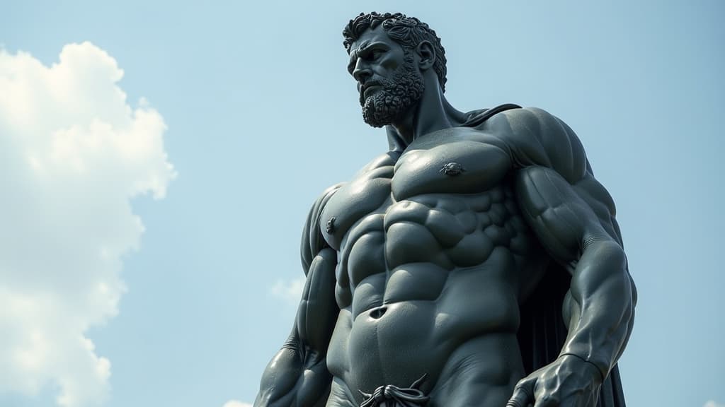  an imposing statue of iron, graceful, muscular, stoicism, statue of stoicism