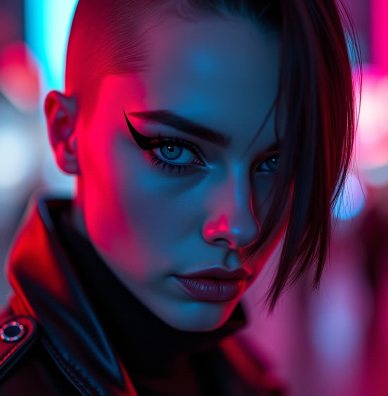  ultra realistic close up portrait ((beautiful pale cyberpunk female with heavy black eyeliner)), blue eyes, shaved side haircut, hyper detail, cinematic lighting, magic neon, dark red city, canon eos r3, nikon, f/1.4, iso 200, 1/160s, 8k, raw, unedited, symmetrical balance, in frame, 8k hyperrealistic, full body, detailed clothing, highly detailed, cinematic lighting, stunningly beautiful, intricate, sharp focus, f/1. 8, 85mm, (centered image composition), (professionally color graded), ((bright soft diffused light)), volumetric fog, trending on instagram, trending on tumblr, HDR 4K, 8K