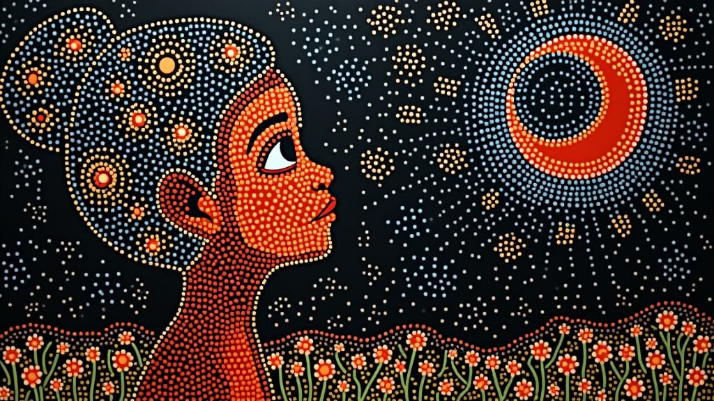  australian aboriginal dot painting style portrait of a child dreaming.