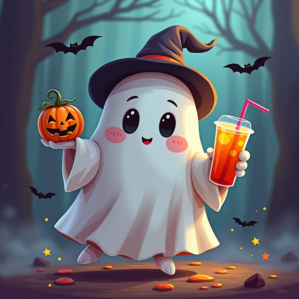  create a digital painting featuring a cute ghost character. the ghost should be wearing a hat. in one hand, the ghost should hold a pumpkin with a carved face, and in the other hand, a halloween themed drink. the background should be colorfull and include small black bats and stars to add a playful halloween touch. the overall style should be cute, whimsical, and colorful hyperrealistic, full body, detailed clothing, highly detailed, cinematic lighting, stunningly beautiful, intricate, sharp focus, f/1. 8, 85mm, (centered image composition), (professionally color graded), ((bright soft diffused light)), volumetric fog, trending on instagram, trending on tumblr, HDR 4K, 8K