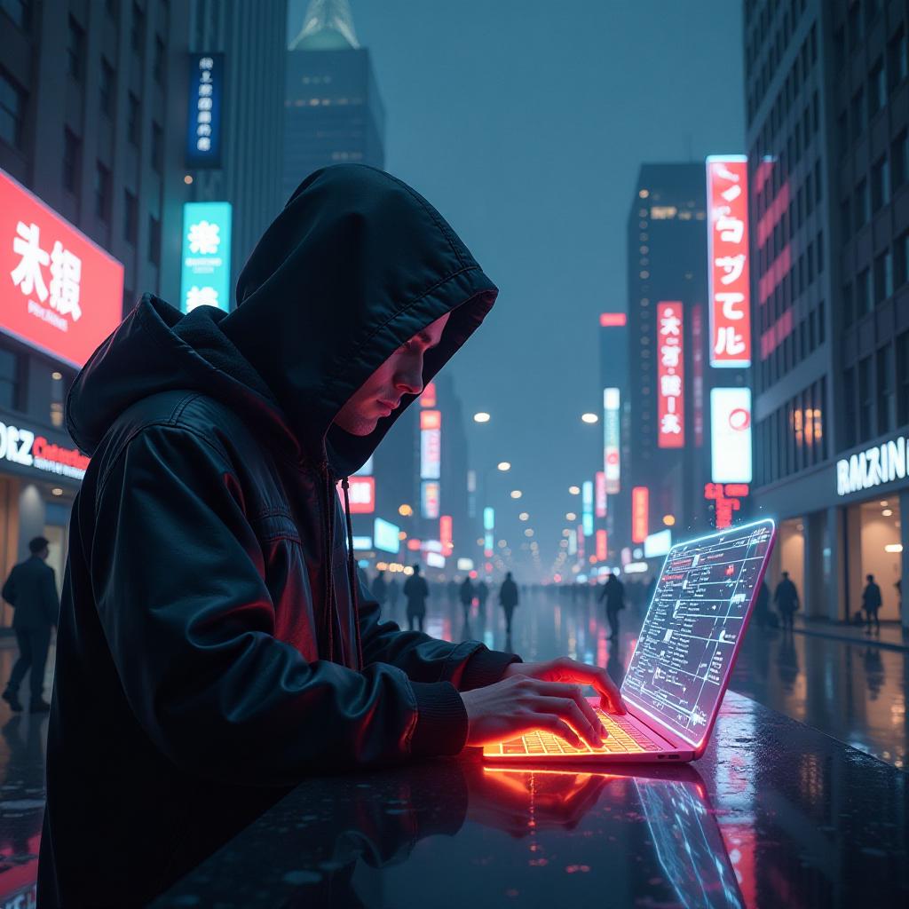  a dark, neon lit cyberpunk city with towering skyscrapers, neon signs, and holographic billboards. a futuristic hacker in a hood is typing on a glowing holographic keyboard, with streams of data swirling around. the background has faint rain, reflections on the streets, and glowing neon accents. hyperrealistic, full body, detailed clothing, highly detailed, cinematic lighting, stunningly beautiful, intricate, sharp focus, f/1. 8, 85mm, (centered image composition), (professionally color graded), ((bright soft diffused light)), volumetric fog, trending on instagram, trending on tumblr, HDR 4K, 8K