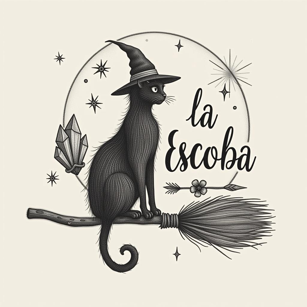  design a logo, in a pencil style. witchy, cat silhouette on broom, crystals, moon , with the text 'la escoba '.