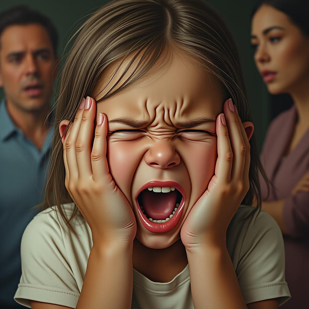  hyperrealistic art masterpiece. (painting. a girl in a rage, screaming, wrinkling her face and covering her ears with her hands, her parents standing nearby and arguing in the room:1.5). intense close up. highly detailed strokes, clarity. fantasy, surrealism style. pinup style:1.5) . extremely high resolution details, photographic, realism pushed to extreme, fine texture, incredibly lifelike hyperrealistic, full body, detailed clothing, highly detailed, cinematic lighting, stunningly beautiful, intricate, sharp focus, f/1. 8, 85mm, (centered image composition), (professionally color graded), ((bright soft diffused light)), volumetric fog, trending on instagram, trending on tumblr, HDR 4K, 8K