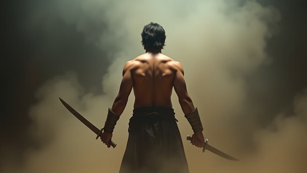  an ancient warrior in open muscular body, holding swords in both hands, depicted from the back view in a smoke filled environment.