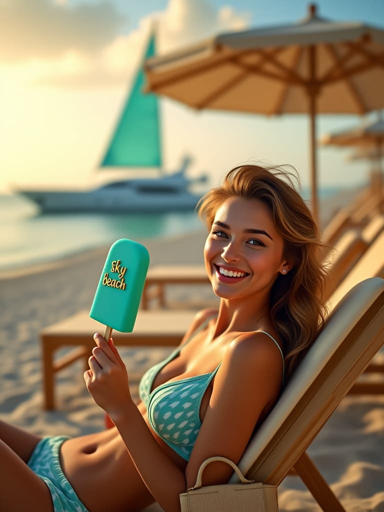  cinematic photo realistic image high detail, beautiful russian girl brown haired lies on a sun lounger joyfully holding a turquoise ice cream on a stick with the inscription in gold letters "sky beach", next to the girl four bright turquoise lipstick and a beach bag lie next to the girl, teak sun loungers, beige beach umbrellas, on the sea yacht with turquoise sail, sunset goes into the sea horizon, 8k ultra hd . 35mm photograph, film, bokeh, professional, 4k, highly detailed