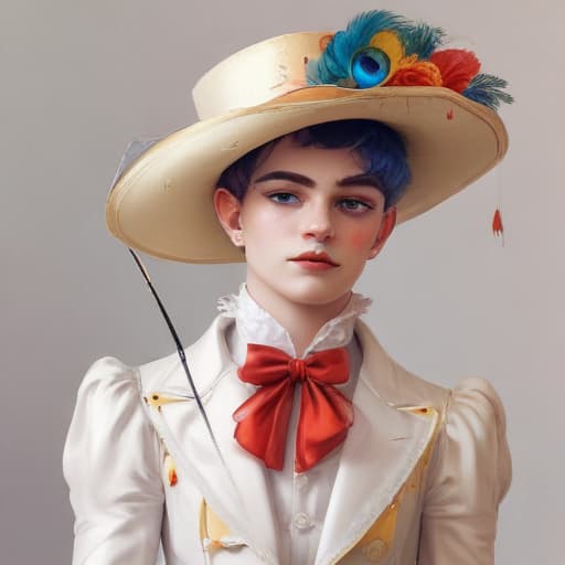 Rainbow twink man in lady wig makeup Cupid’s bow lipstick cowboy top hat and headdress tuxedo with spur whore Elizabethan collar wand parasol peacock dress, watercolor, 2d, digital art, artstation, classic art, dynamic, high quality