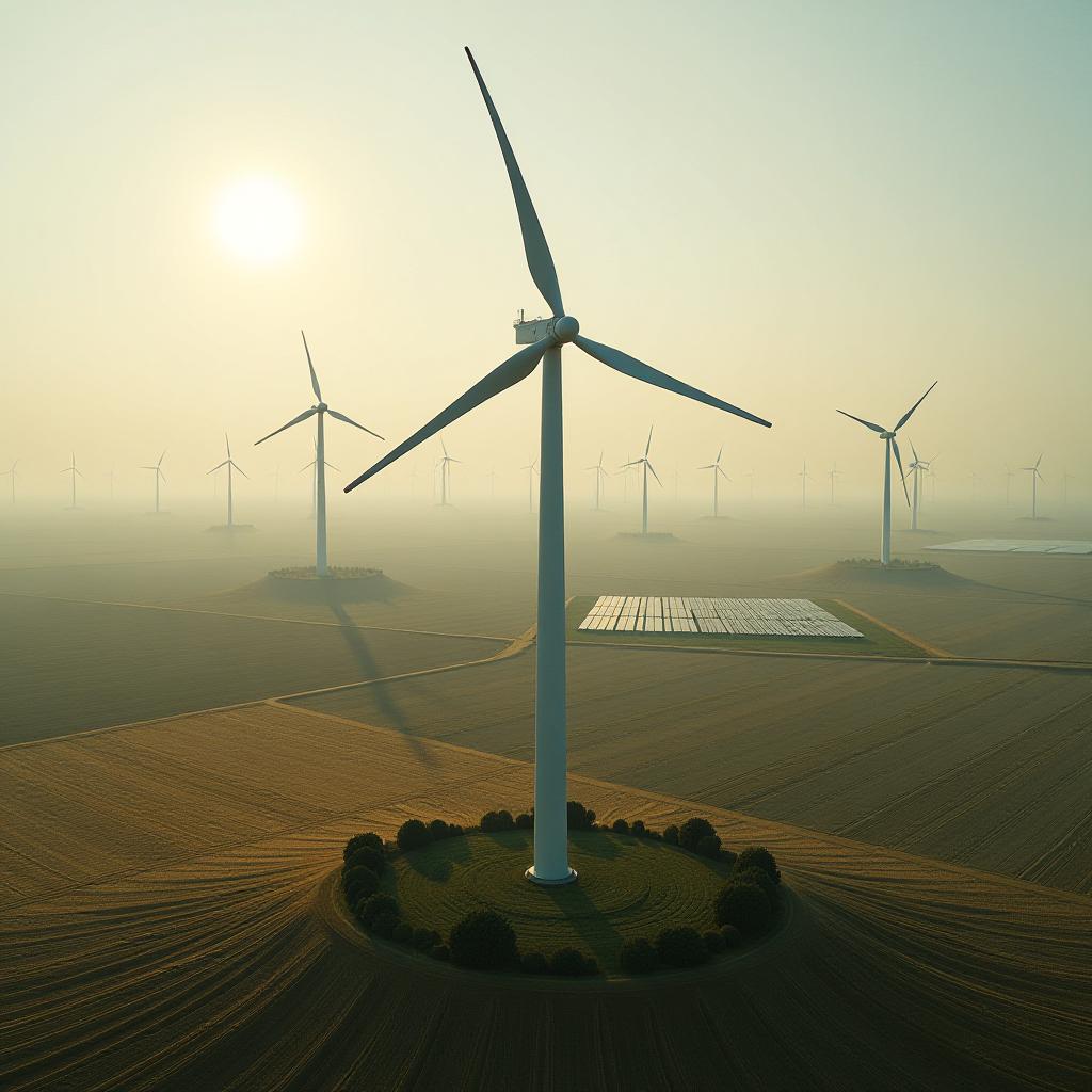  aerial view of wind turbines turning in open fields; solar panels glistening under the sun hyperrealistic, full body, detailed clothing, highly detailed, cinematic lighting, stunningly beautiful, intricate, sharp focus, f/1. 8, 85mm, (centered image composition), (professionally color graded), ((bright soft diffused light)), volumetric fog, trending on instagram, trending on tumblr, HDR 4K, 8K