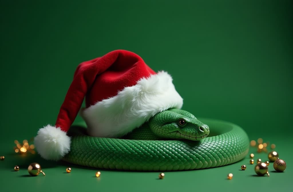  professional detailed photography, santa claus hat on green snake, new year decorations, green background , (muted colors, dim colors, soothing tones), (vsco:0.3)