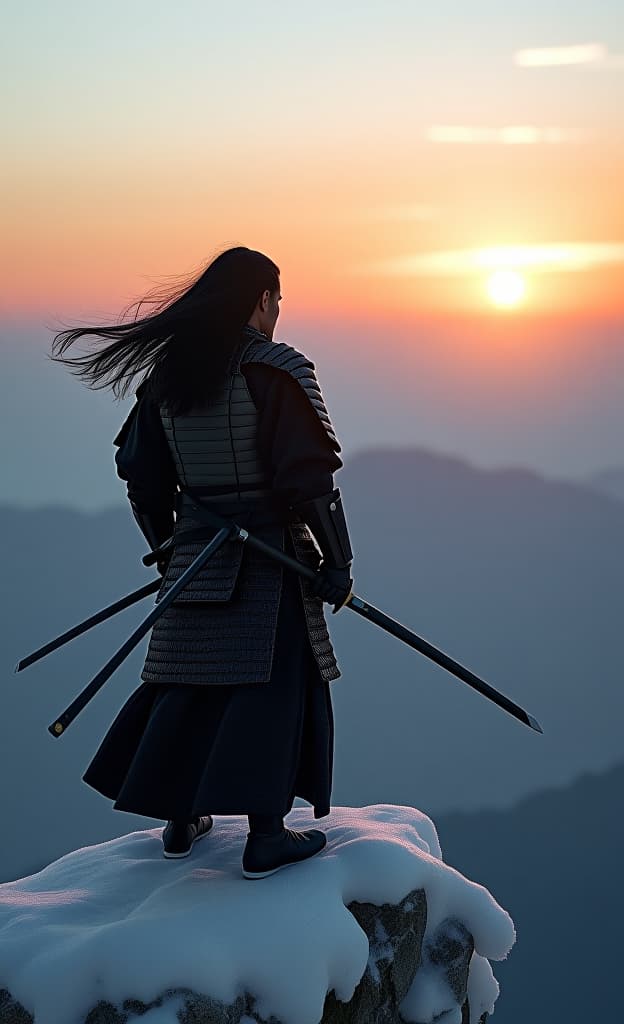  a lone samurai warrior, clad in sleek black armor, stands atop a snow covered mountain peak, his katana held aloft with unwavering focus. the wind whips his long, black hair as he gazes across the vast expanse, a symbol of strength and resilience against the harsh elements. the light of the setting sun casts long shadows, highlighting the intricate details of his armor and the sharpness of his blade. the scene evokes a sense of tranquility and power, with the samurai's solitary stance serving as a testament to his unwavering spirit.hyper detail, intricate details, sharp focus, high resolution, 8k, ultra detailed, vib