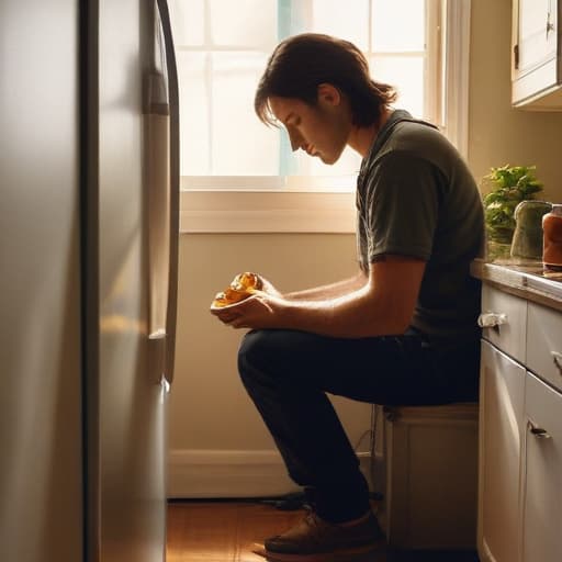 A photo of a technician repairing a refrigerator in a cozy kitchen during late afternoon with warm, golden sunlight streaming through the window, creating a soft and inviting atmosphere for the appliance service task at hand.