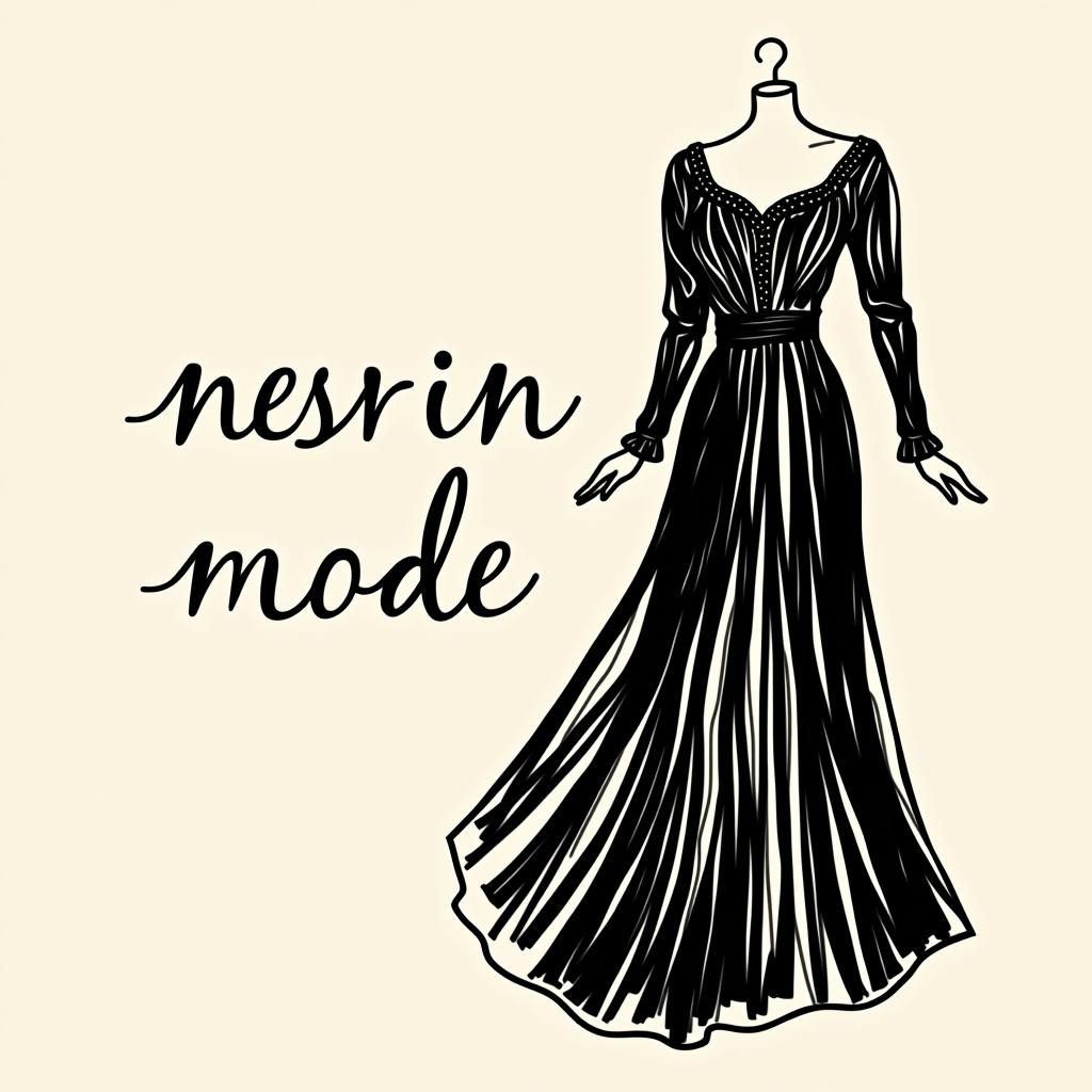  design a logo, nesrin mode hintergrund schwarz schrift weiß schreibschrift neben ein gezeichnetes langes kleid , with the text 'nesrin mode '.