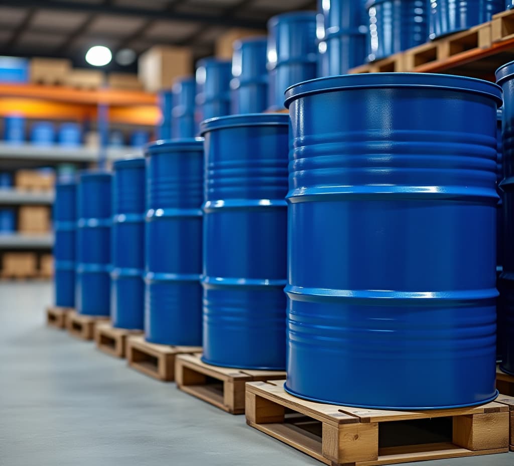  blue barrels stacked on pallet in a warehouse.