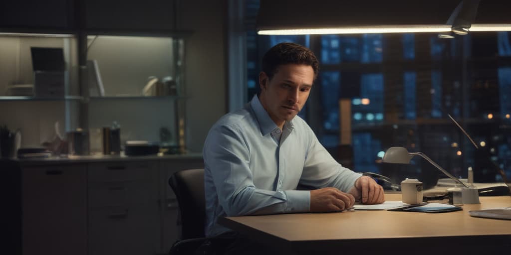 man seated on a table in a office at night