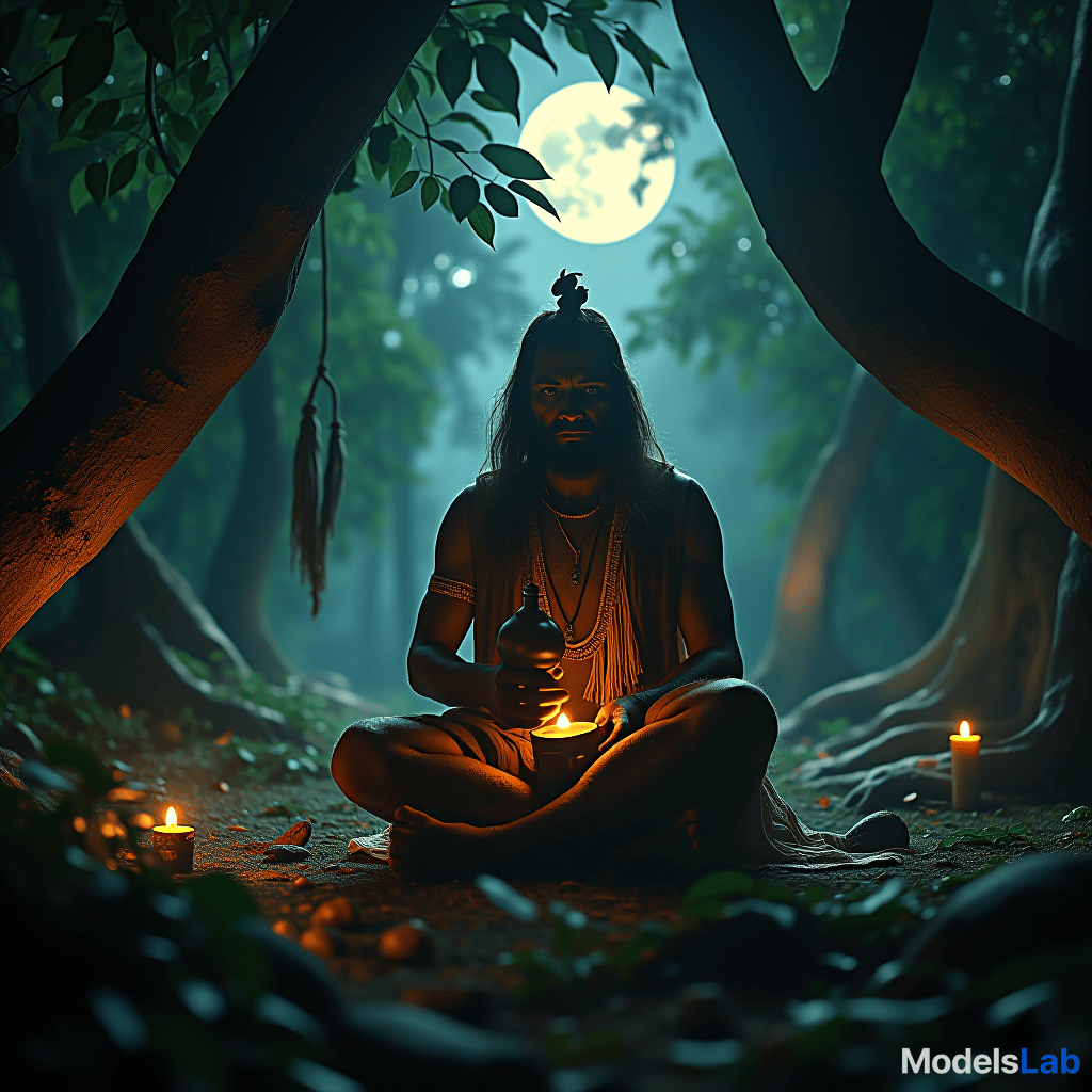  a shamanic healing practitioner during a healing ceremony in a moonlit rainforest. enveloped by lush green foliage and robust ancient trees, all illuminated in mystical moonlight. he is playing an indigenous gourd rattle, ethereal aura pulsates around him. he rugged, earthy, ethereal, detailed, moonlit, volumetric light hyperrealistic, full body, detailed clothing, highly detailed, cinematic lighting, stunningly beautiful, intricate, sharp focus, f/1. 8, 85mm, (centered image composition), (professionally color graded), ((bright soft diffused light)), volumetric fog, trending on instagram, trending on tumblr, HDR 4K, 8K