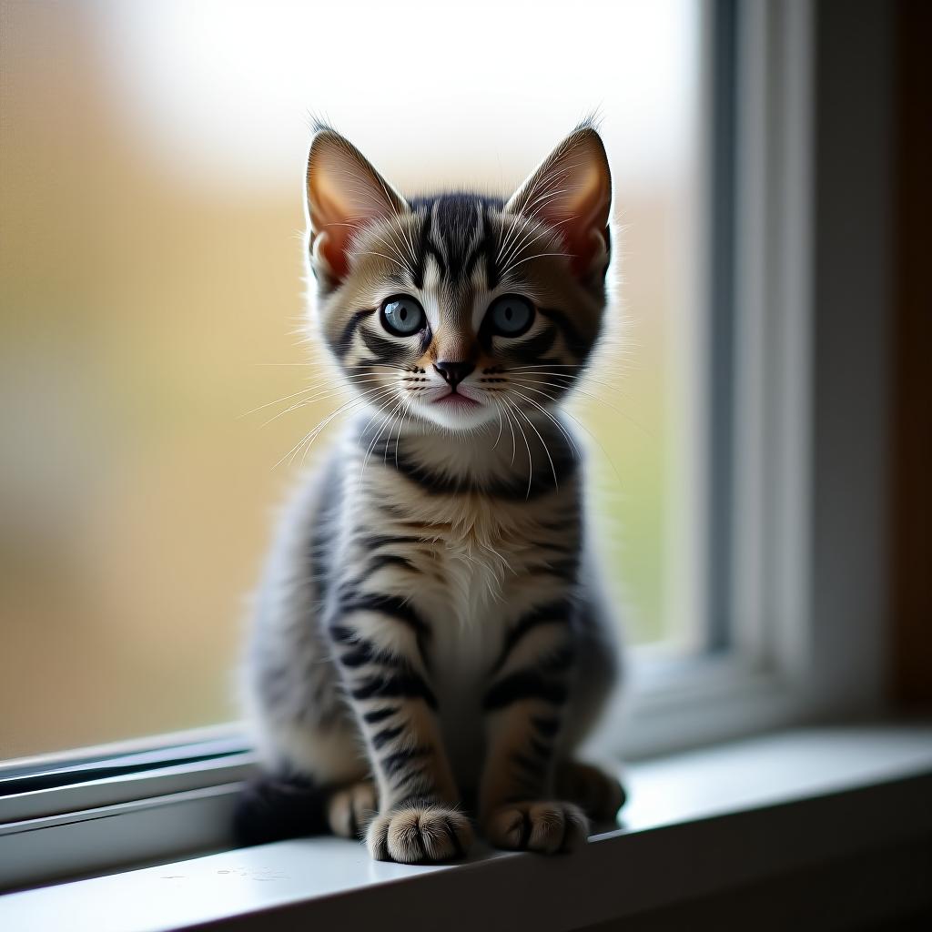  a little kitten is sitting on the window.