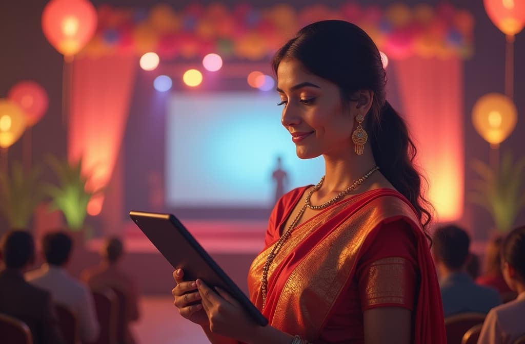  indian female event manager holding tablet against background of festive event with balloons, flowers and stage. ar 3:2, (natural skin texture), highly detailed face, depth of field, hyperrealism, soft light, muted colors