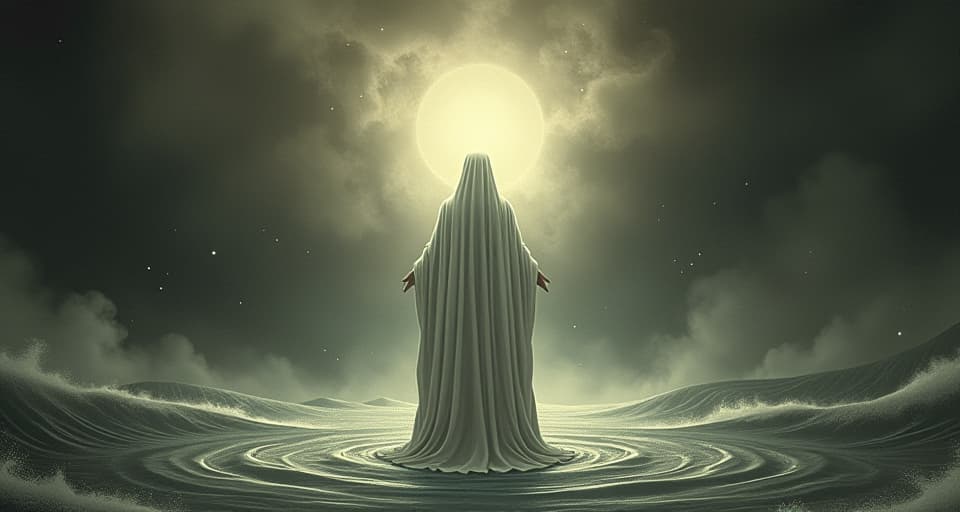  a figure robed in white with an aura of pure light, sending ripples through a dark, stormy environment, transformative power, impact, purity against chaos. an illustration in the style of a worn, mystical old tarot trump card, mysterious and elements of surrealism. the colors are muted, somber and eerie, but with contrast bring out an occult and esoteric vibe.