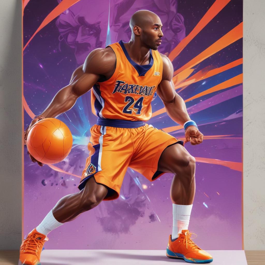 distance-shot, flashy, full-body, dynamic, holographic, animated cartoon poster of kobe in the style of dragon ball super