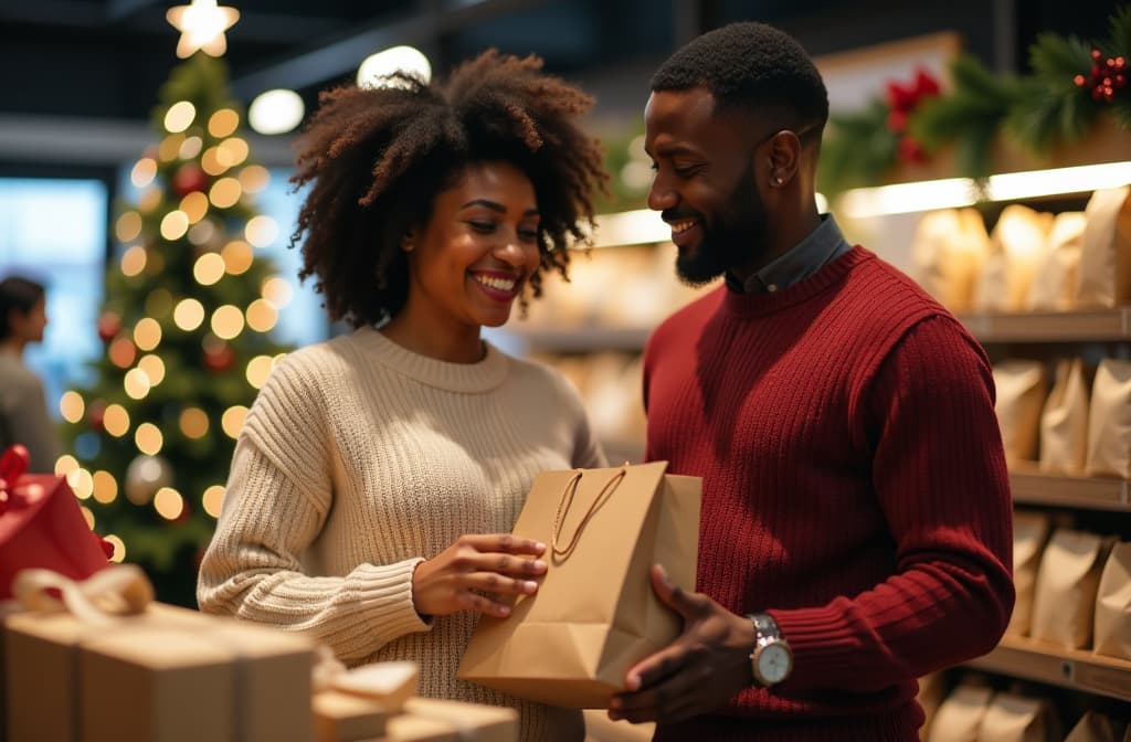  advertising style, stock photo, corporate branding style dark skinned woman and dark skinned man in sweaters with craft bags at checkout in store. christmas tree blurred in background . professional, clean, modern, product focused, commercial, eye catching, minimalist, business oriented, highly detailed