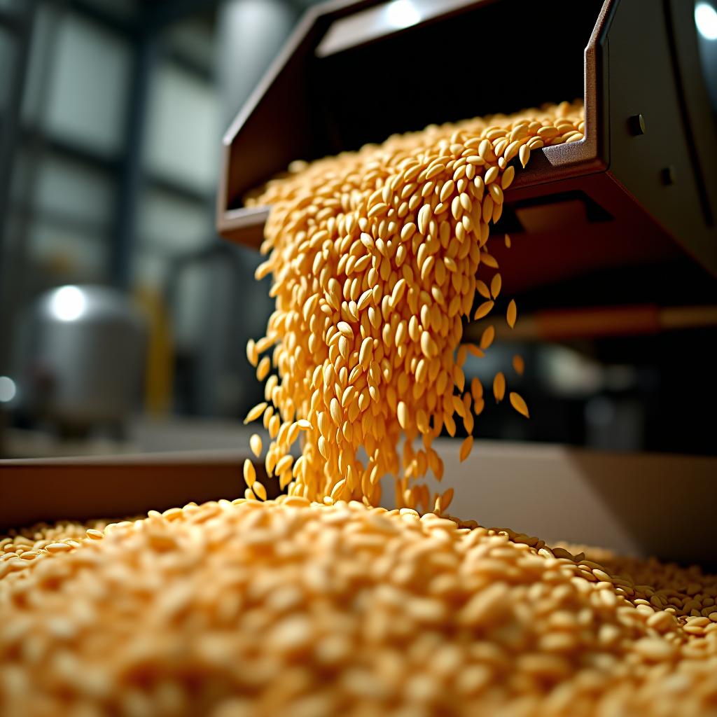  a close up view of grains pouring from a hopper, showcasing the harvesting process in an industrial setting.