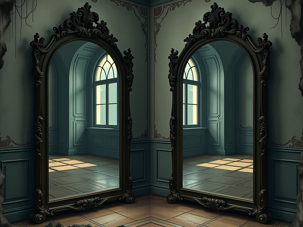  mirrors with dark, twisted frames reflecting serene, balanced rooms, natural light, harmonious atmosphere. an illustration in the style of a worn, mystical old tarot trump card, mysterious and elements of surrealism. the colors are muted, somber and eerie, but with contrast bring out an occult and esoteric vibe.