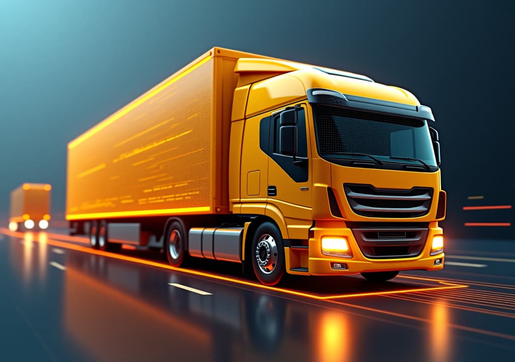  digital yellow truck with glowing data stream , the integration of ai into freight transportation and logistics management, cargo tracking for efficient supply chain operations. wireframe low poly.