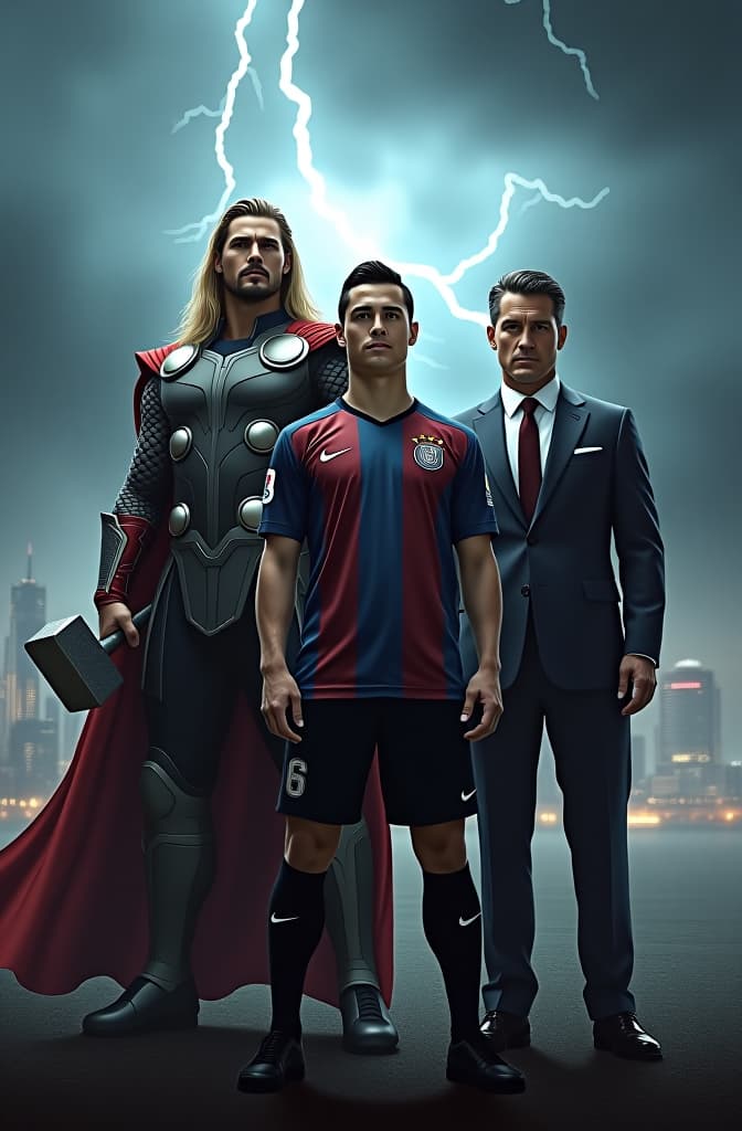  logo create a powerful and charismatic image featuring thor, ronaldo, and bruce wayne standing together. thor is depicted as a towering, muscular norse god with long blonde hair, holding his hammer mjölnir, dressed in his iconic armor with a cape flowing behind him. ronaldo is in the center, wearing a sleek, modern football uniform with a confident expression, showcasing his athletic build and sharp features. bruce wayne, on the other side, is dressed in a sharp, tailored suit, exuding the aura of a billionaire with a hint of his batman persona in his stance. the background is dramatic, with stormy skies and lightning striking, symbolizing thor's power, while a city skyline in the distance hints at gotham city. the lighting highlights thei hyperrealistic, full body, detailed clothing, highly detailed, cinematic lighting, stunningly beautiful, intricate, sharp focus, f/1. 8, 85mm, (centered image composition), (professionally color graded), ((bright soft diffused light)), volumetric fog, trending on instagram, trending on tumblr, HDR 4K, 8K