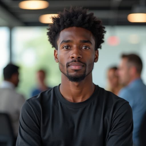  curious facial expression of black young man with t shirt in foreground on the left side of picture, background with people in office talking to each other