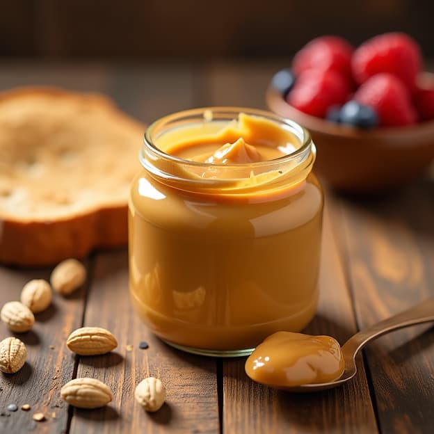  a beautifully arranged composition featuring a jar of creamy peanut butter, surrounded by scattered roasted peanuts, a slice of whole grain bread, and a spoon dripping with peanut butter. the scene is set on a rustic wooden table, with natural light streaming in, highlighting the rich, golden brown color of the peanut butter. in the background, there's a small bowl of honey and a handful of fresh berries, creating a warm and inviting breakfast setting. the overall mood is cozy and homely, emphasizing the deliciousness and versatility of peanut butter.